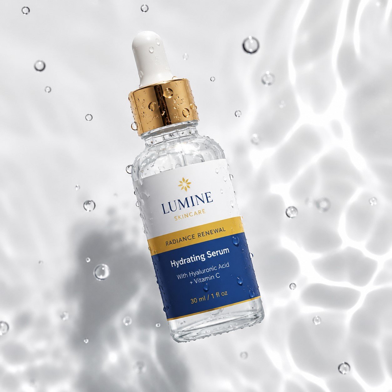 Floating skincare serum bottle with water droplets and soft caustic light