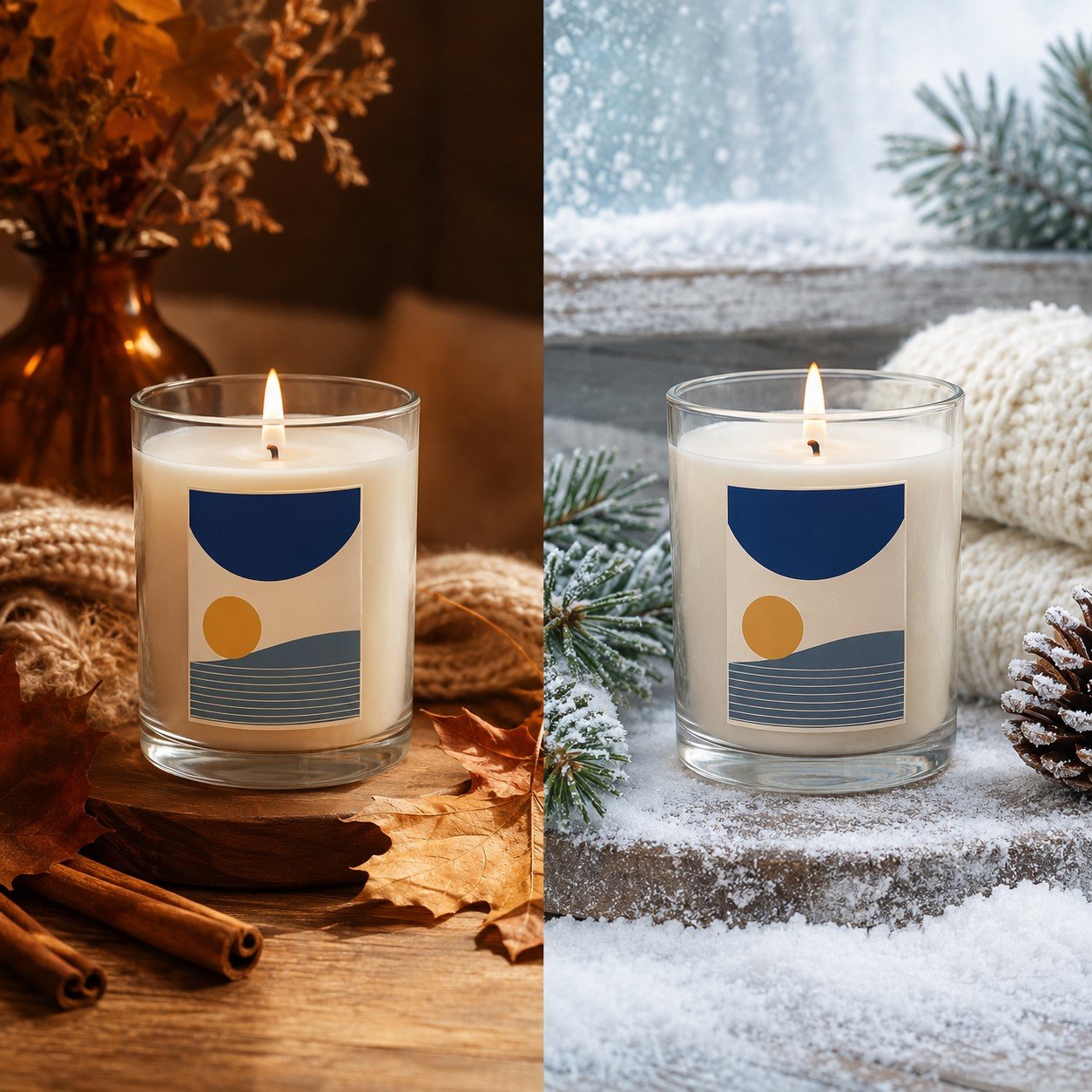 Same candle product shown in autumn warm tones and winter snow-dusted versions side by side