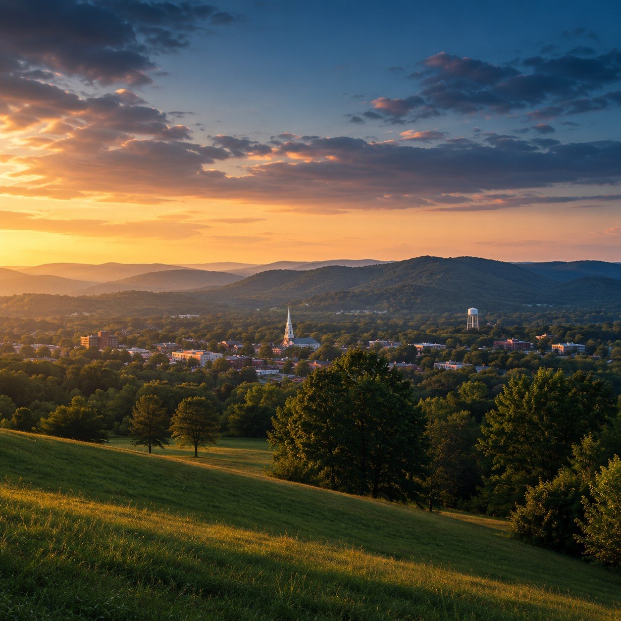 Rolling Tennessee green hills at dusk with a small-town skyline and cinematic golden light